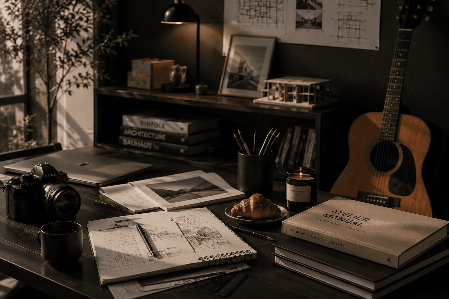 Modern minimal creative studio with marble desk, charcoal walls, and floor-to-ceiling windows