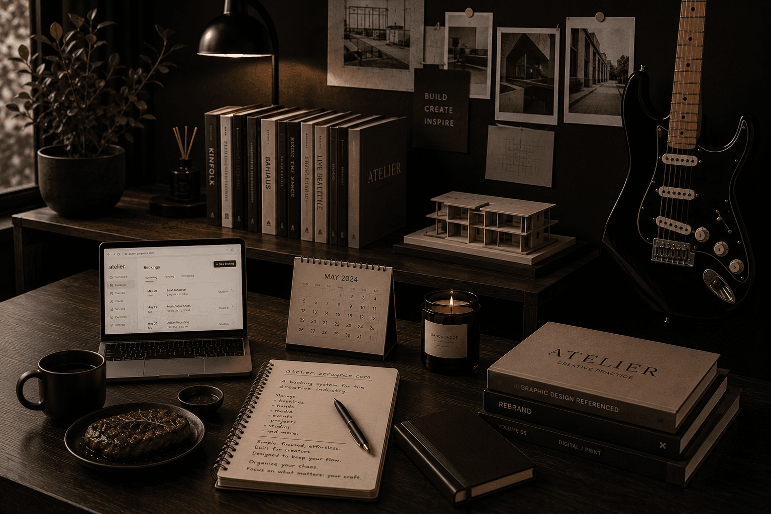 Modern minimal creative studio with marble desk, charcoal walls, and floor-to-ceiling windows